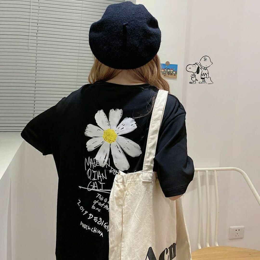 ユニセックス デイジー柄 Tシャツ バックプリント 花柄 半袖 韓国の