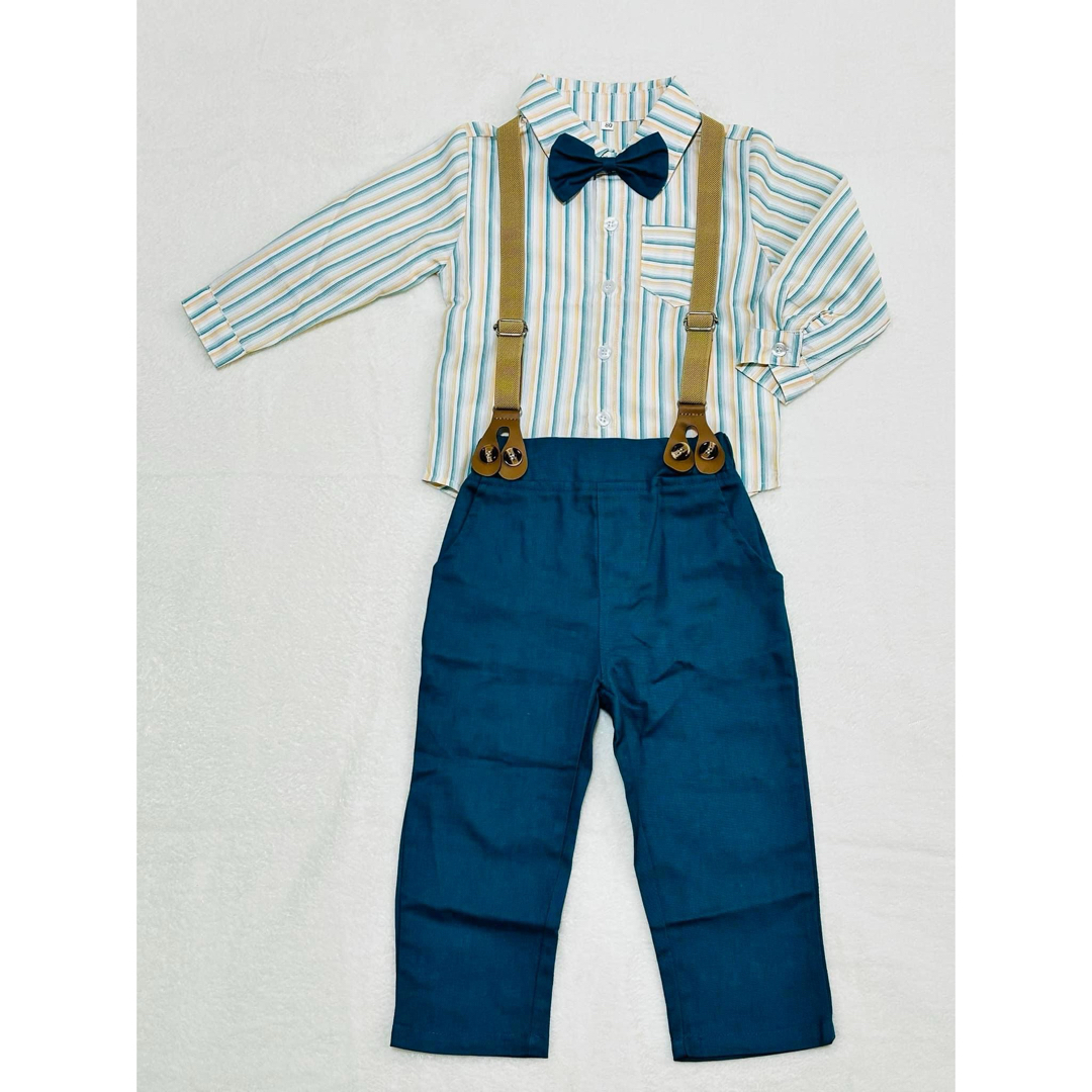 【新品】フォーマルサスペンダー　ブルーグリーン　130サイズ　誕生日　パーティー キッズ/ベビー/マタニティのキッズ服男の子用(90cm~)(ドレス/フォーマル)の商品写真