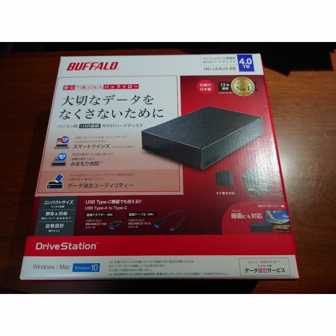 Buffalo(バッファロー)のバッファロー 外付けハードディスク 4.0TB "HD-LE4U3-BB" スマホ/家電/カメラのPC/タブレット(PC周辺機器)の商品写真