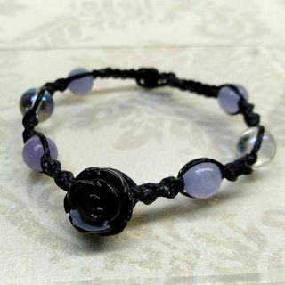 厄除け黒薔薇 天然石オニキス×アクアマリン 編みブレスレット フック式 15cm(ブレスレット/バングル)