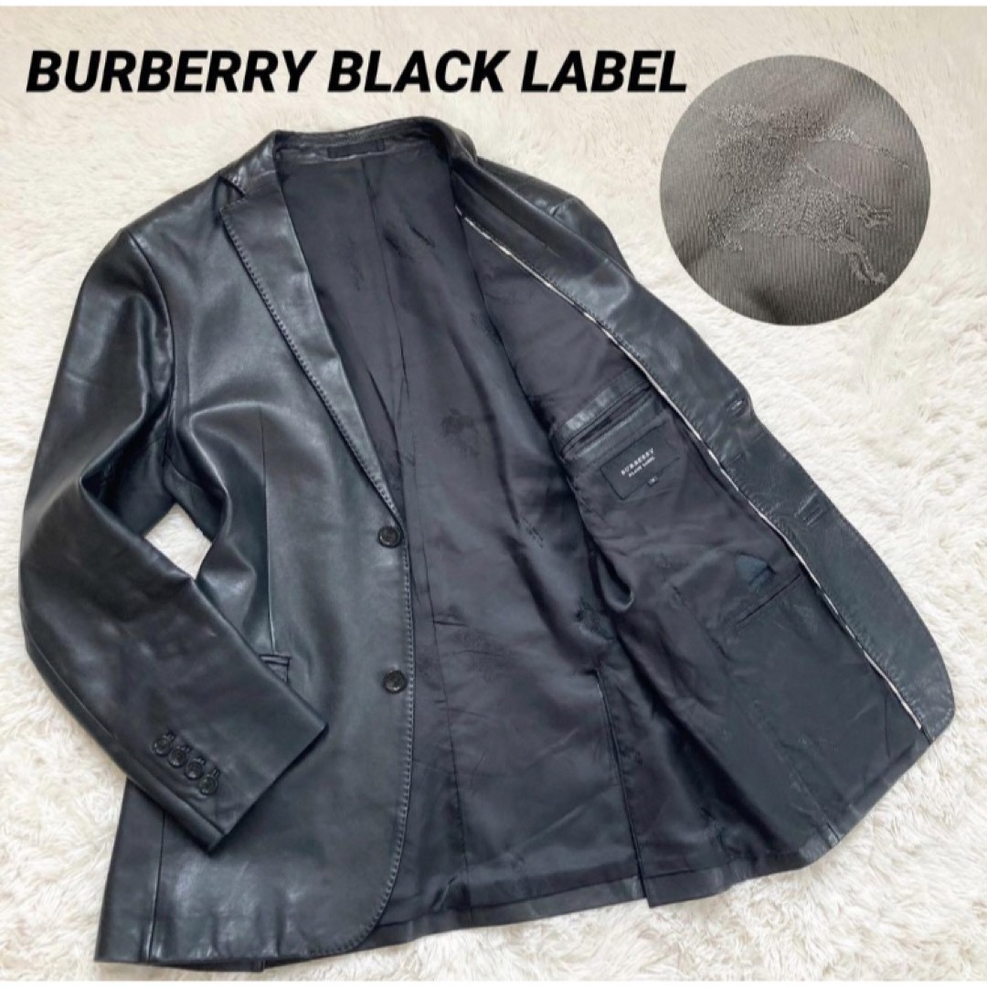 BURBERRY BLACK LABEL(バーバリーブラックレーベル)のバーバリーブラックレーベル 羊革 テーラードジャケット 裏地ホースロゴ 黒 M メンズのジャケット/アウター(テーラードジャケット)の商品写真