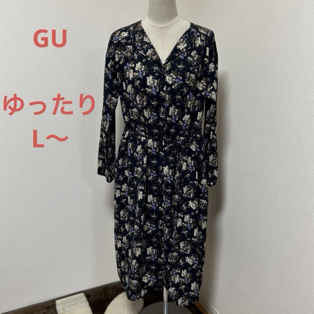 GU(ジーユー)のGU ゆったり　L フラワー　ロングワンピ　春のカーデ レディースのワンピース(ロングワンピース/マキシワンピース)の商品写真