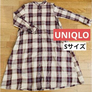 ユニクロ(UNIQLO)のUNIQLO チェック 長袖 ロング ワンピース 羽織り 綿100%(ロングワンピース/マキシワンピース)