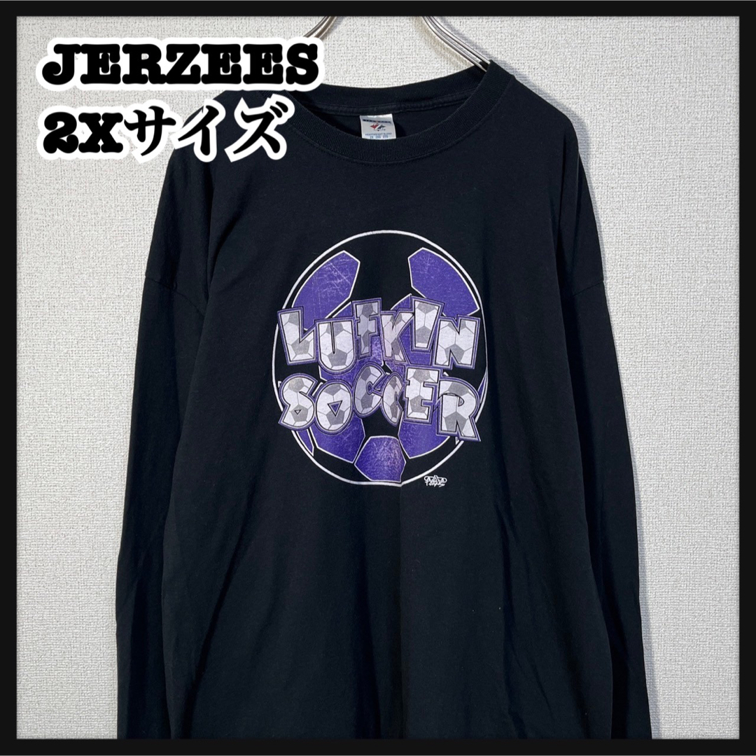 JERZEES(ジャージーズ)のジャージーズ】長袖TシャツロンTサッカー　90s　ブラック紫　ビッグプリント81 メンズのトップス(Tシャツ/カットソー(七分/長袖))の商品写真