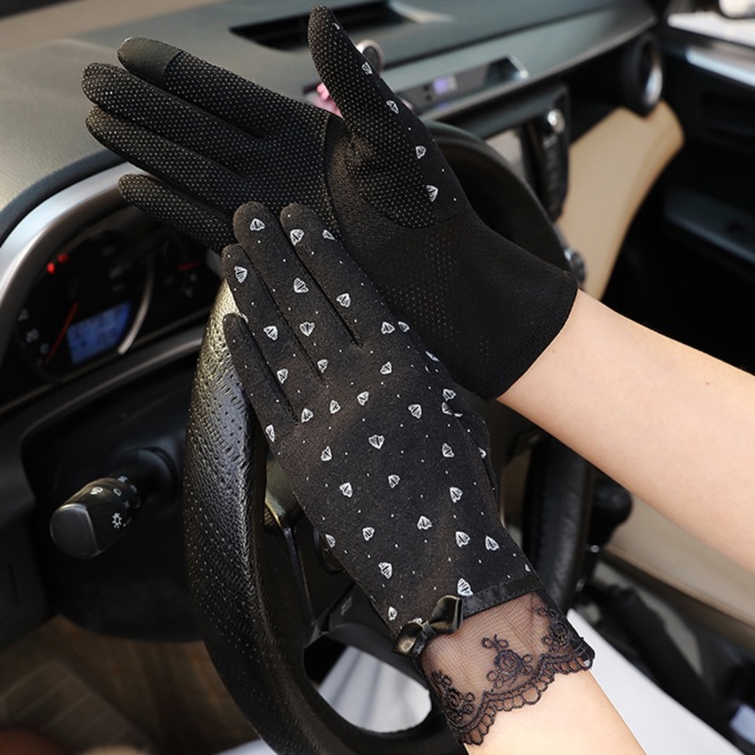リボン 手袋 uvカット 日焼け防止 滑り止め 防菌 コットン 花柄 ブラック レディースのファッション小物(手袋)の商品写真