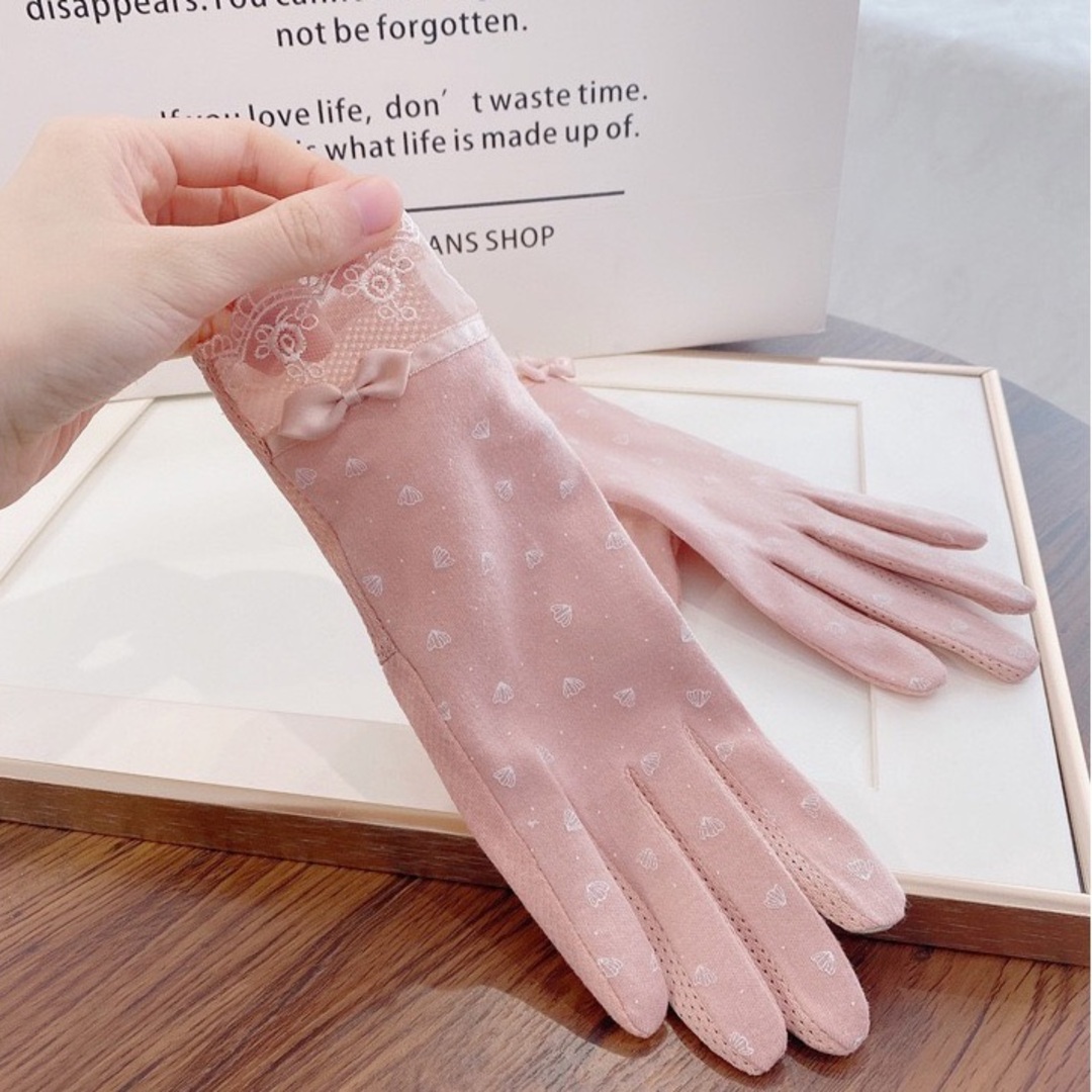 リボン 手袋 uvカット 日焼け防止 滑り止め 防菌 コットン 花柄 ピンク レディースのファッション小物(手袋)の商品写真