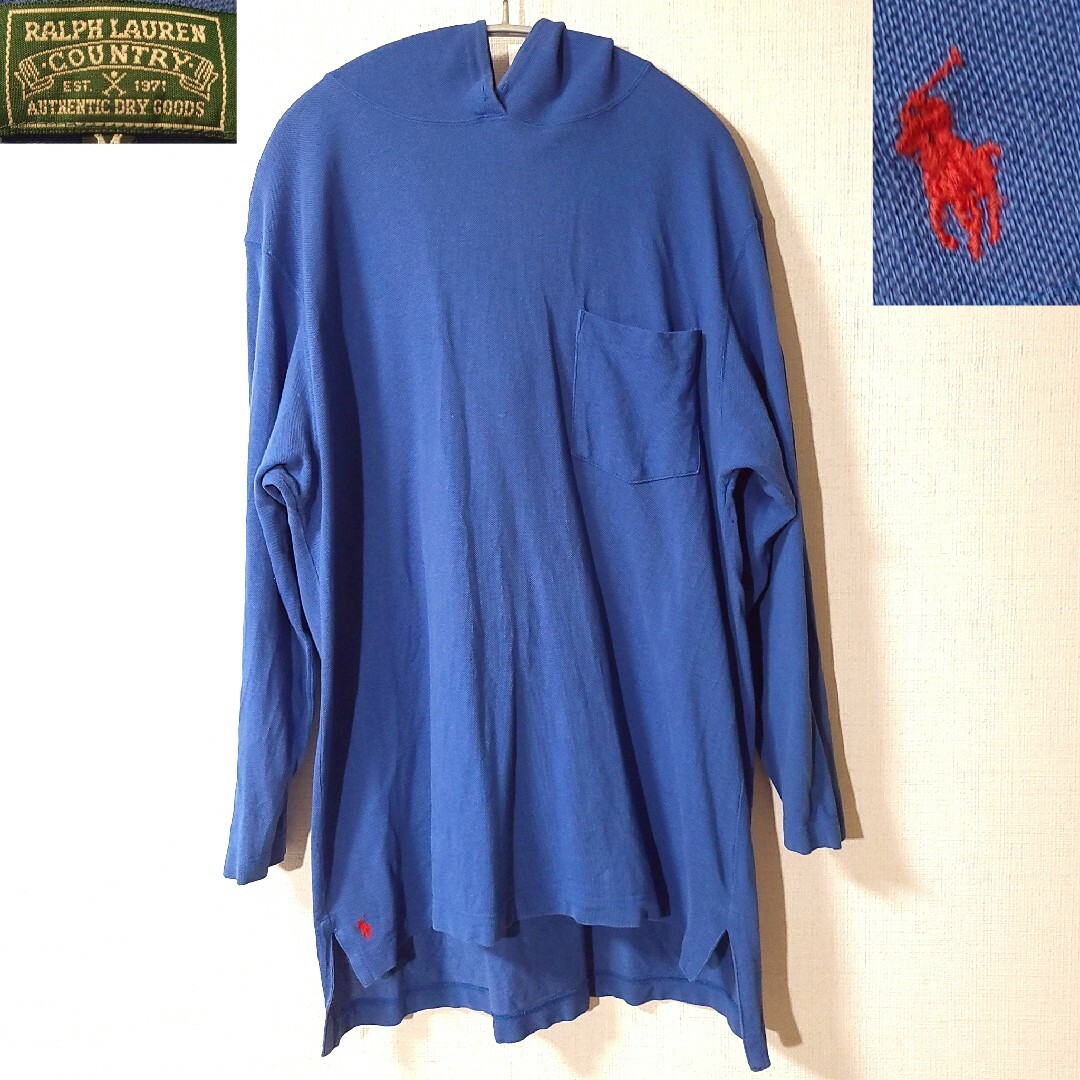 Ralph Lauren(ラルフローレン)のラルフローレン カントリー 鹿の子 パーカー 薄手 ブルー ロング丈 ポニー刺繍 レディースのトップス(パーカー)の商品写真