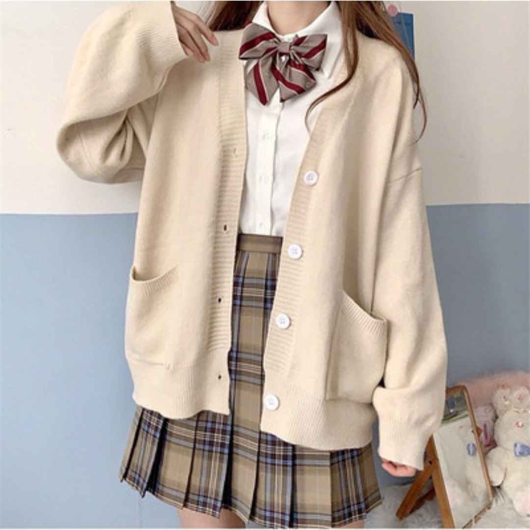 カーディガン 入学式　スクールカーデ 女子高生 JK 制服 韓国防寒 アイボリー レディースのトップス(カーディガン)の商品写真