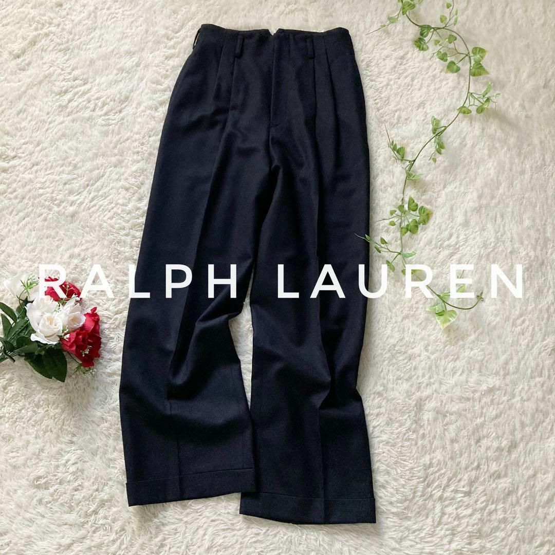 Ralph Lauren(ラルフローレン)のラルフローレン　ツータックウールワイドパンツ　スラックス　センタープレス　紺　9 レディースのパンツ(カジュアルパンツ)の商品写真