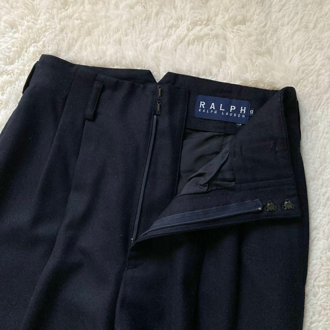 Ralph Lauren(ラルフローレン)のラルフローレン　ツータックウールワイドパンツ　スラックス　センタープレス　紺　9 レディースのパンツ(カジュアルパンツ)の商品写真