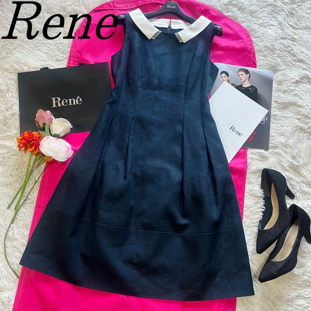 René - 【美品】Rene 白襟ワンピース ネイビー 膝丈 René - 【美品】Rene 白襟ワンピース ネイビー 膝丈