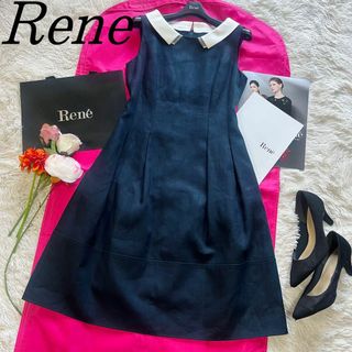 ルネ(René)の【美品】Rene 白襟ワンピース ネイビー 膝丈 ノースリーブ 34 フレア(ひざ丈ワンピース)