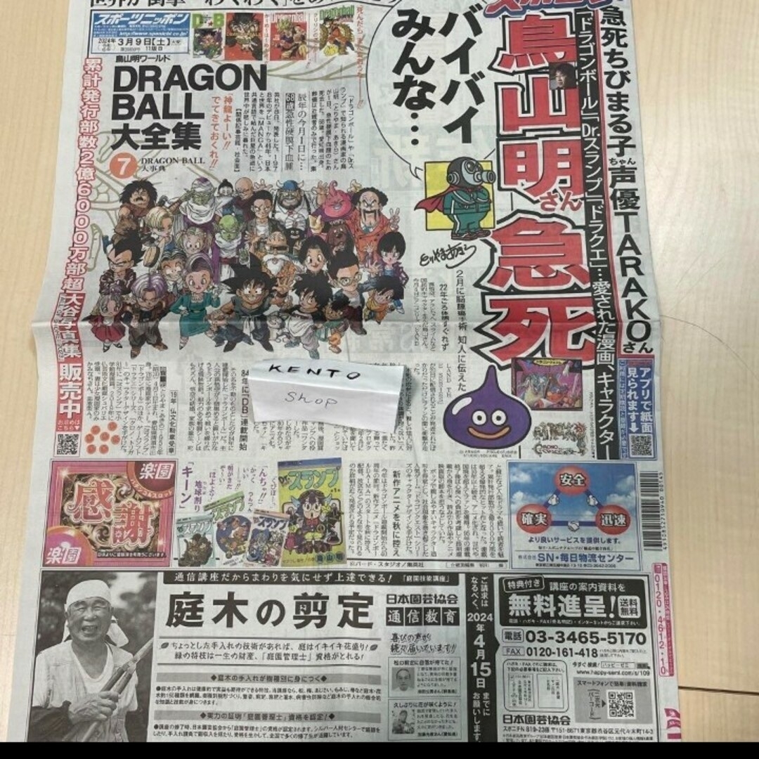 ドラゴンボール(ドラゴンボール)の2024年3月9日　　鳥山明　先生　ドラゴンボール 　スポーツ新聞　ダンボール エンタメ/ホビーの漫画(少年漫画)の商品写真