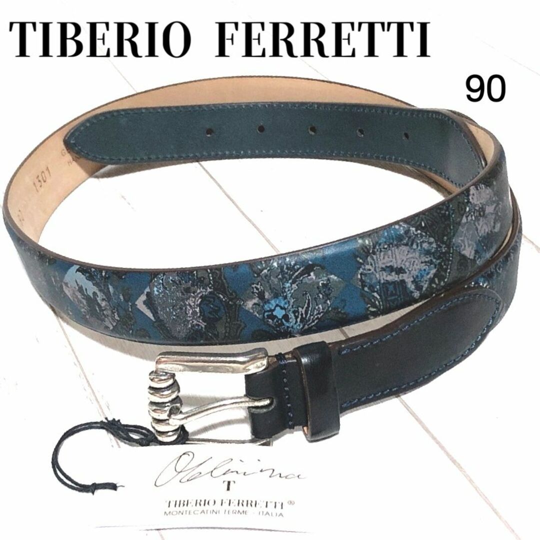 TIBERIO FERRETTI レザーベルト 90 伊製 バロック調プリント青 メンズのファッション小物(ベルト)の商品写真