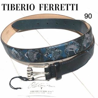 TIBERIO FERRETTI レザーベルト 90 伊製 バロック調プリント青(ベルト)