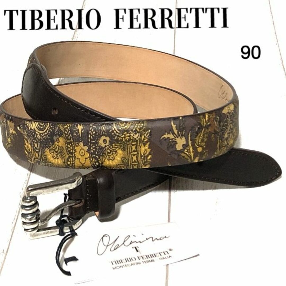 TIBERIO FERRETTI レザーベルト 90 伊製 バロック調プリント メンズのファッション小物(ベルト)の商品写真