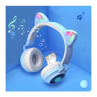 ネコ耳ヘッドフォン Bluetoothヘッドホン 折り畳み式 グレー ブルー(ヘッドフォン/イヤフォン)