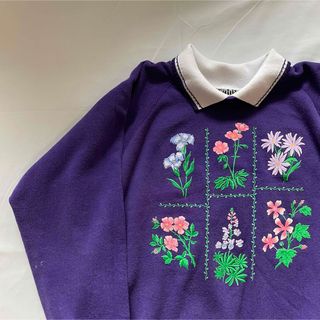 USA製 80年代 刺繍 フラワー デザイン スウェット 襟付き トレーナー (スウェット)