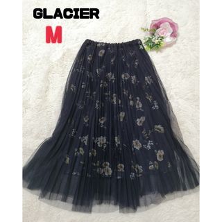 グラシア(GLACIER)のグラシア ひざ下スカート ブラック 花柄 チュール レース フレア ウエストゴム(ロングスカート)