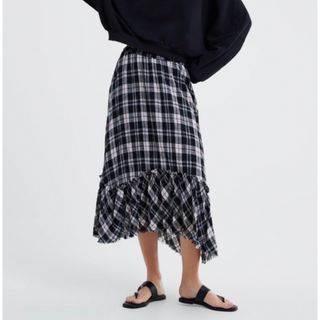 ザラ(ZARA)のZARAチェック柄 アシメ フリンジスカート 古着風(ロングスカート)