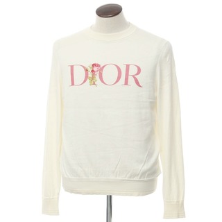 【中古】ディオール Dior シルクコットン クルーネック プルオーバーニット オフホワイトxピンク【サイズL】【メンズ】