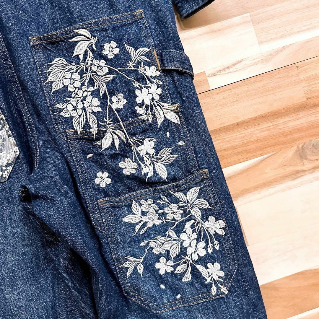 絡繰魂(カラクリタマシイ)のレア【からくりだましい】デニム オーバーオール 刺繍 つなぎ 和柄 桜 鯉 S紺 メンズのパンツ(サロペット/オーバーオール)の商品写真