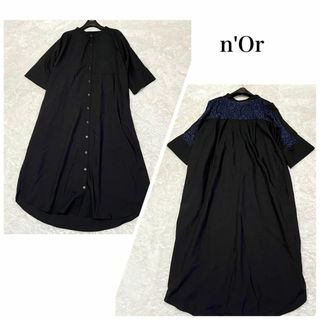 n'Or  ノアール　シャツワンピース  ロング　ショルダーレース　黒　ゆったり(ロングワンピース/マキシワンピース)