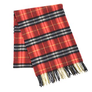 バーバリー(BURBERRY)の美品 バーバリー 4060291 ノバチェック フリンジ カシミヤ マフラー オレンジレッド BURBERRY(マフラー/ショール)