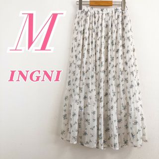 イング(INGNI)のイング　プリーツスカート　M　ホワイト　グリーン　ガーリー　花柄　ポリ100%(ロングスカート)