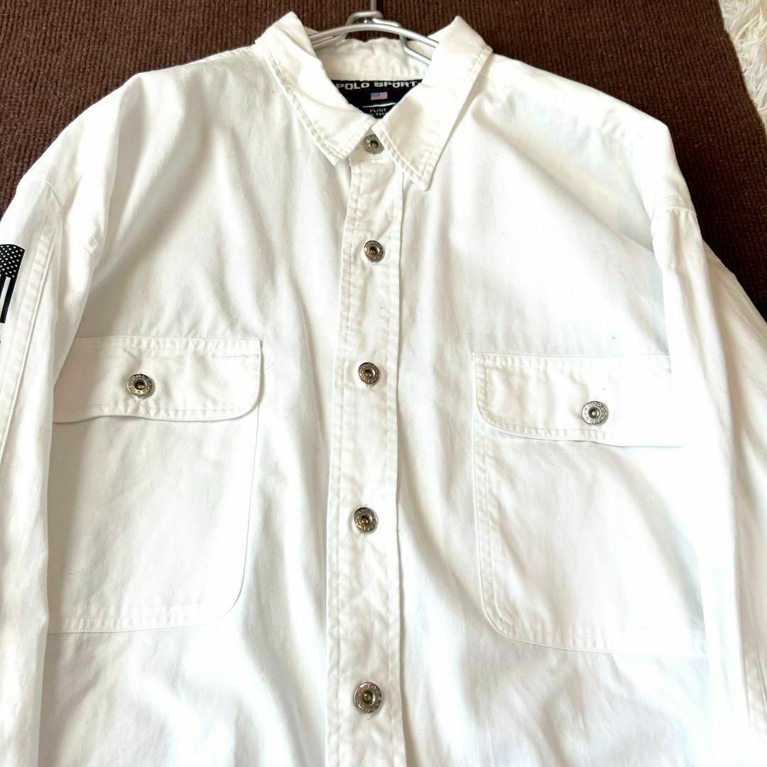 POLO RALPH LAUREN(ポロラルフローレン)のポロスポーツ ビッグシャツ ロゴプリント 銀ボタン ホワイト ラルフローレン L メンズのトップス(Tシャツ/カットソー(七分/長袖))の商品写真