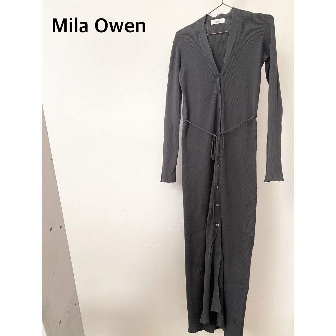 Mila Owen(ミラオーウェン)のミラオーウェン　グレー　リブニット　ロング　カーディガン　コットン100% レディースのトップス(カーディガン)の商品写真