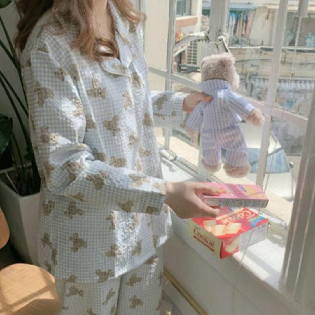 訳あり くま柄 パジャマ ルームウェア フリーサイズ チェック 韓国 かわいい レディースのルームウェア/パジャマ(パジャマ)の商品写真