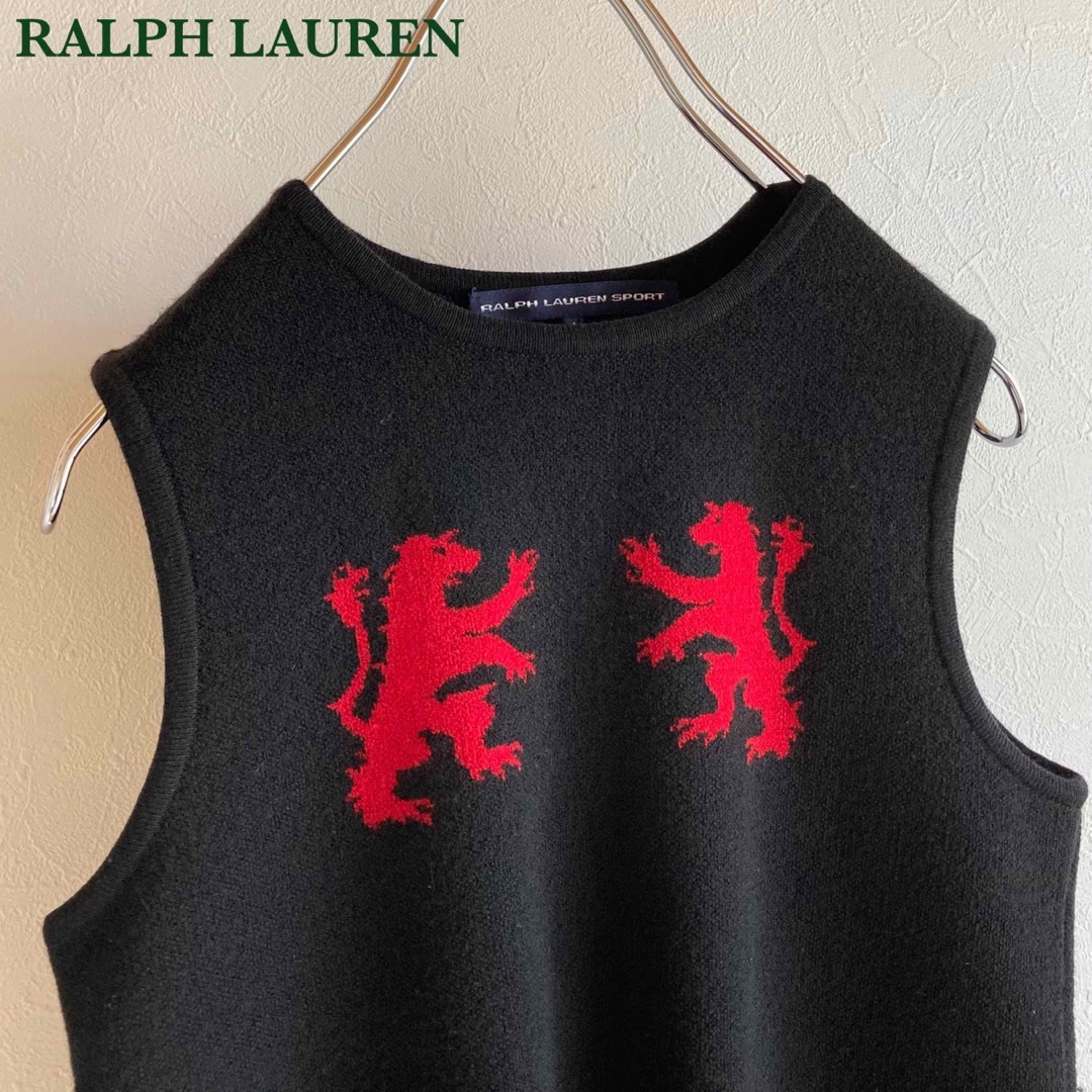 Ralph Lauren(ラルフローレン)のビンテージ ラルフローレン スポーツ ライオン ジャガード ニット ベスト 黒 レディースのトップス(ベスト/ジレ)の商品写真