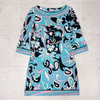 EMILIO PUCCI - エミリオプッチ ワンピース シルク ひざ丈 プッチ柄 シルク100% 水色 38