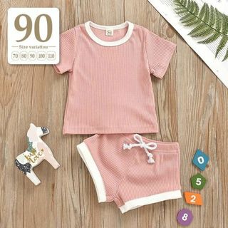 90 ピンク〔配色セットアップ〕子供服半袖Tシャツショートパンツパジャマ体操着服(パジャマ)