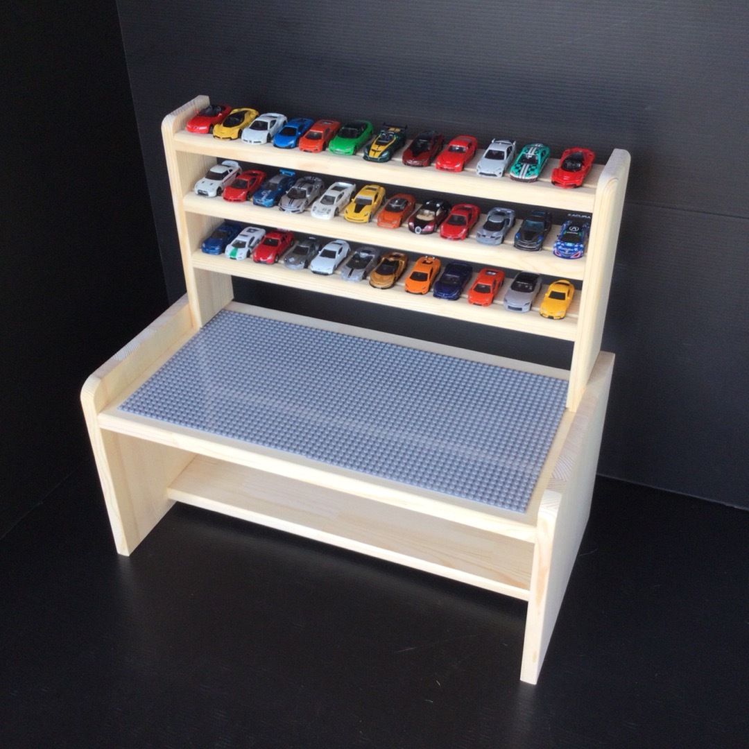 手作り　レゴテーブル　トミカ3段収納棚付き　木製　グレー　(新品) キッズ/ベビー/マタニティのおもちゃ(知育玩具)の商品写真
