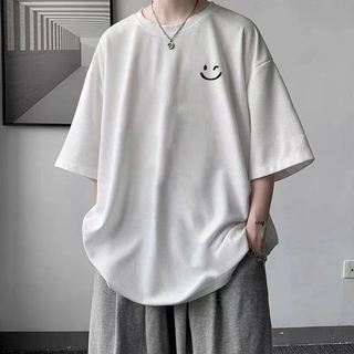 メンズ　Tシャツ　白　M スマイリー　ニコちゃん　半袖　カジュアル　韓国(Tシャツ/カットソー(半袖/袖なし))
