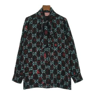 グッチ(Gucci)のGUCCI グッチ カジュアルシャツ 42(M位) 黒x水色x赤(総柄) 【古着】【中古】(シャツ/ブラウス(長袖/七分))