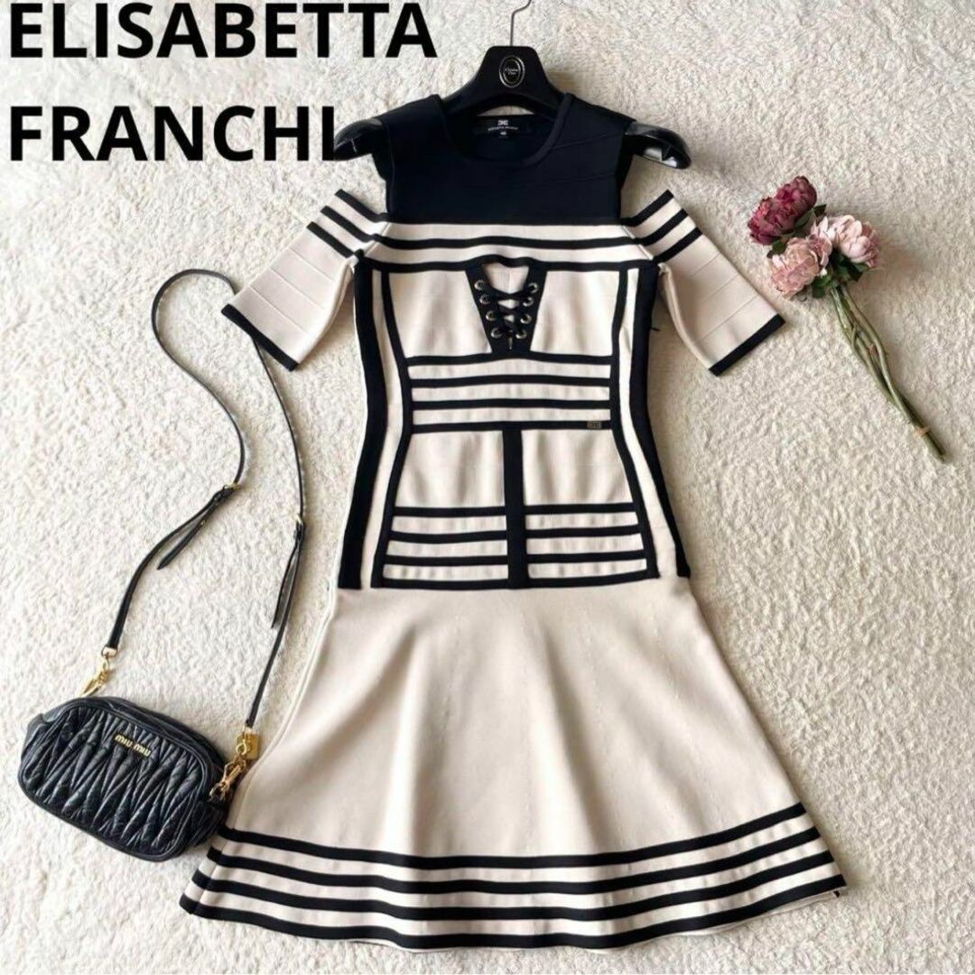 極美品♡ELISABETTA FRANCHIバイカラーオフショルフレアワンピース レディースのワンピース(ひざ丈ワンピース)の商品写真