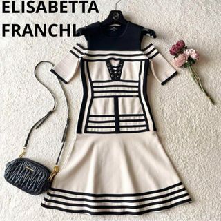 極美品♡ELISABETTA FRANCHIバイカラーオフショルフレアワンピース(ひざ丈ワンピース)