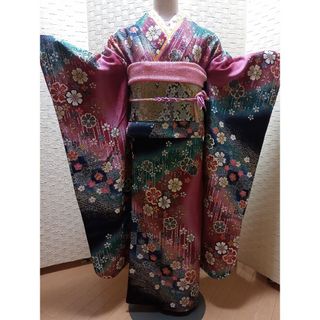 限定価格！☆used美品☆ 成人式 市松花文 金彩 豪華振袖6点セット(振袖)