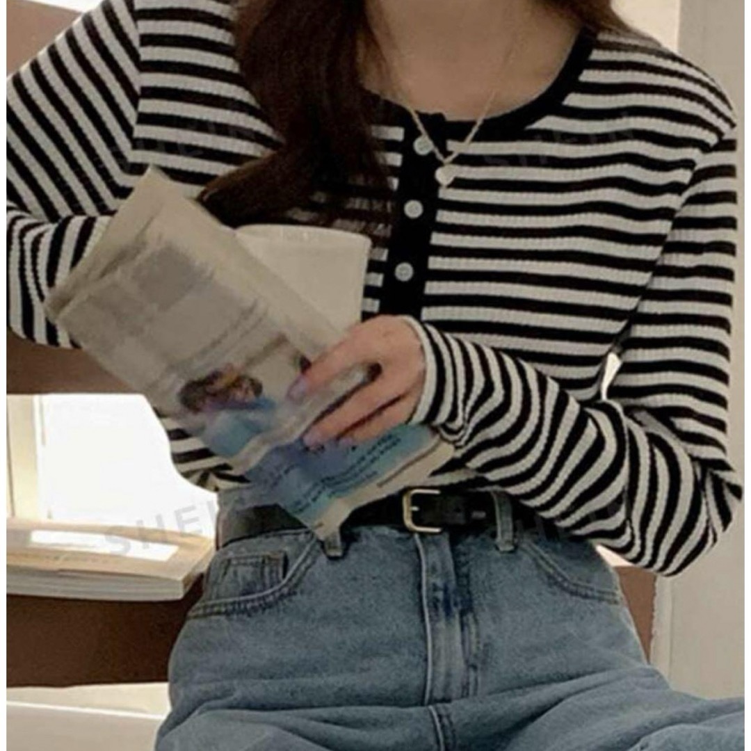 SHEIN(シーイン)のSHEIN DAZYボーダー ハーフボタン Tシャツ トップス レディースのトップス(Tシャツ(長袖/七分))の商品写真