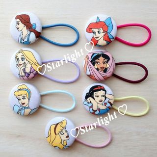 ディズニー(Disney)のディズニープリンセス くるみボタン ヘアゴム×7個 ハンドメイド(ヘアアクセサリー)