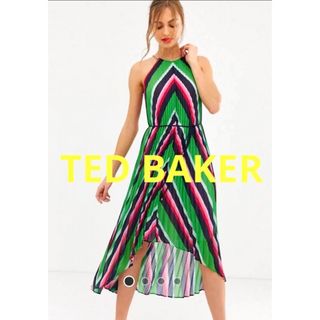 テッドベイカー(TED BAKER)のかわいい💚TED BAKER💛カラフルプリーツホルターネックワンピース💚(ロングワンピース/マキシワンピース)