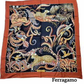 サルヴァトーレフェラガモ(Salvatore Ferragamo)の【美品】Ferragamo スカーフ 88×85 赤茶色 パンサー 猿 鳥類(バンダナ/スカーフ)