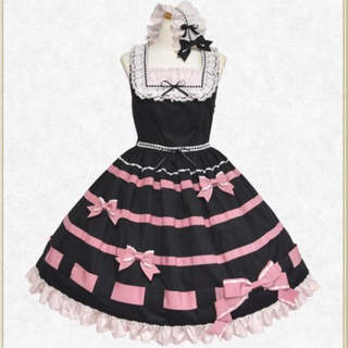 Fallin’Ribbonジャンパースカートヘッドドレスセット 限定色黒×ピンク