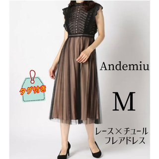 アンデミュウ(Andemiu)のAndemiu レース×チュールフレアドレス　M　ブラックノースリーブワンピース(ミディアムドレス)