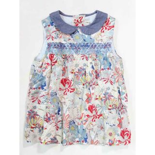 ☆センスオブワンダー/SENSE OF WONDER☆110cm ノースリーブブラウス 白×ブルー リバティ スモック刺? 【中古】子供服 キッズ kids 女の子 夏 616032 tops