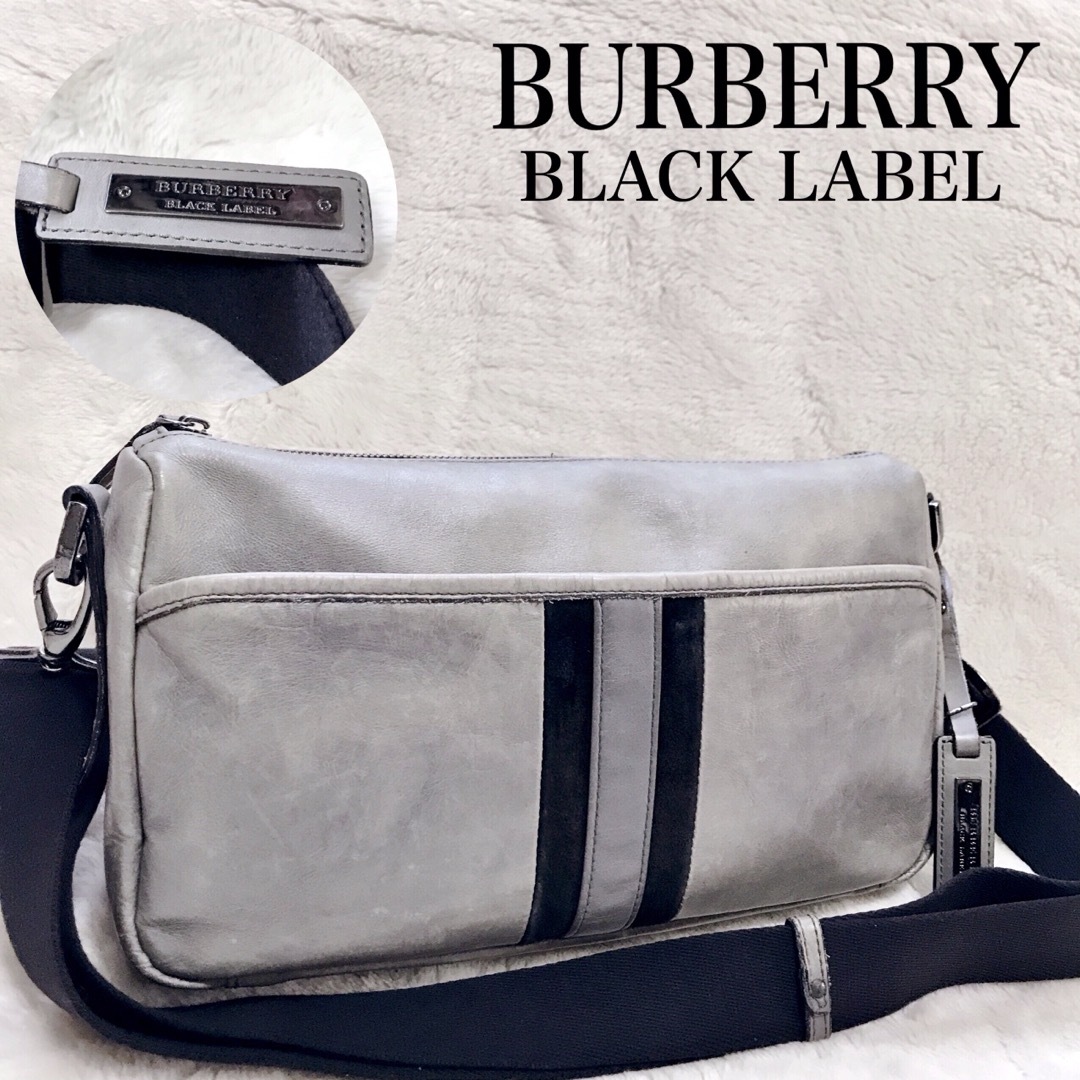 BURBERRY BLACK LABEL(バーバリーブラックレーベル)の希少 バーバリーブラックレーベル オールレザー ストライプ ショルダーバッグ メンズのバッグ(ショルダーバッグ)の商品写真