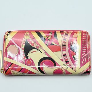 エミリオプッチ(EMILIO PUCCI)のM03 EMILIO PUCCI エミリオプッチ 総柄 エナメル/レザー ラウンドファスナー 長財布 ピンク(財布)